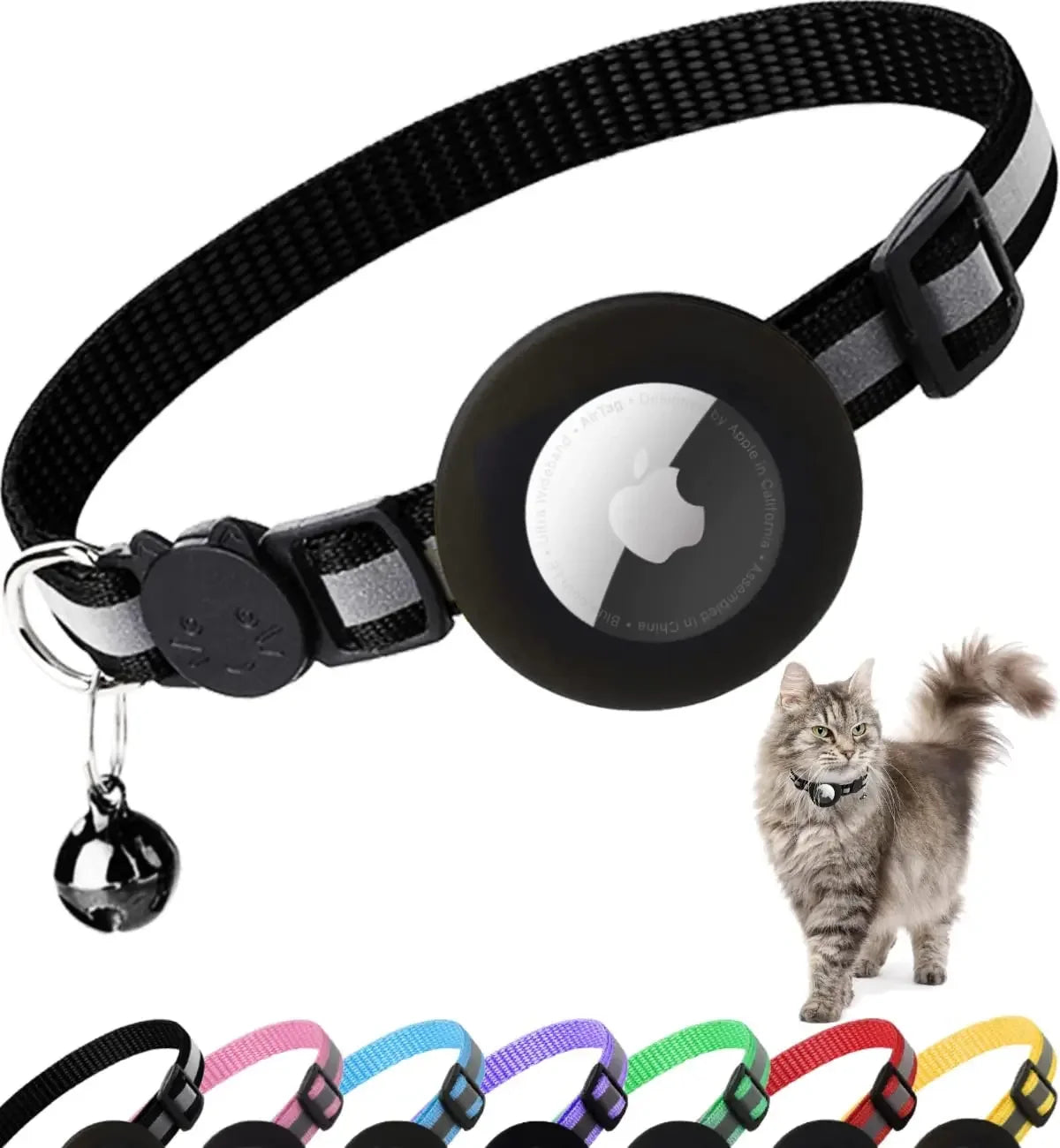 ATUBAN Airtag Cat Collar Breakaway, Reflective Kitten Collar with Apple Air Tag Holder and Bell for Cats