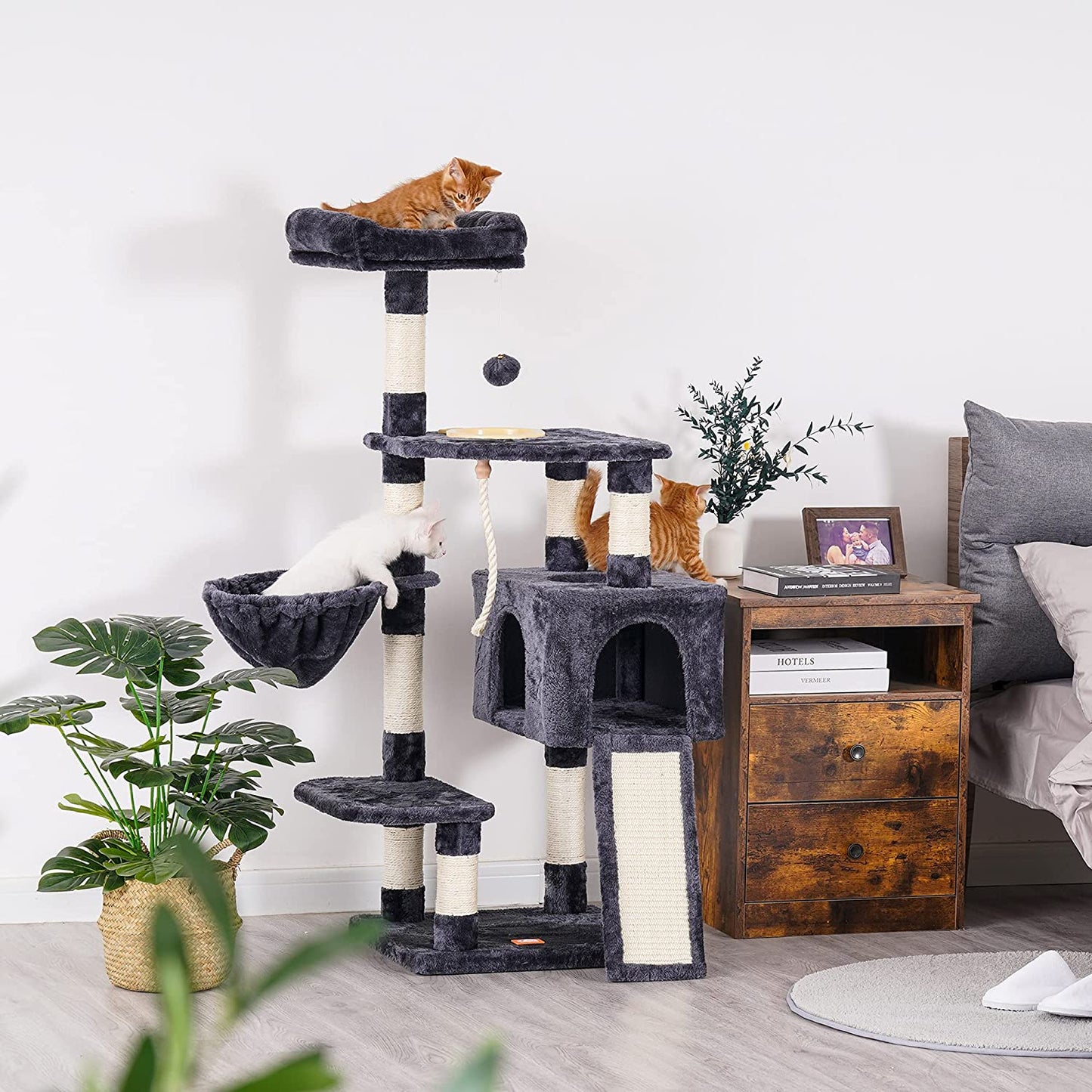 Multi-Level Cat Tower with Scratching Board and Feeding Bowl 