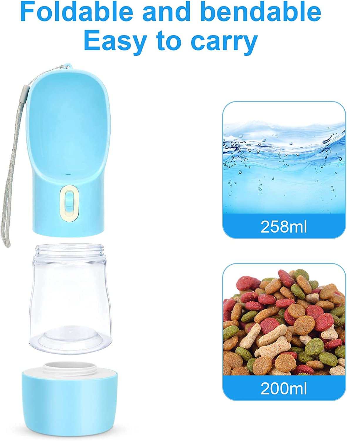 Portable Dog Water Bottle for Walking with Food Container, Great for Hiking, Easy to Carry, BPA Free (Blue)