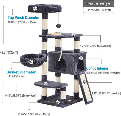 Multi-Level Cat Tower with Scratching Board and Feeding Bowl 