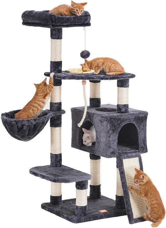 Multi-Level Cat Tower with Scratching Board and Feeding Bowl 