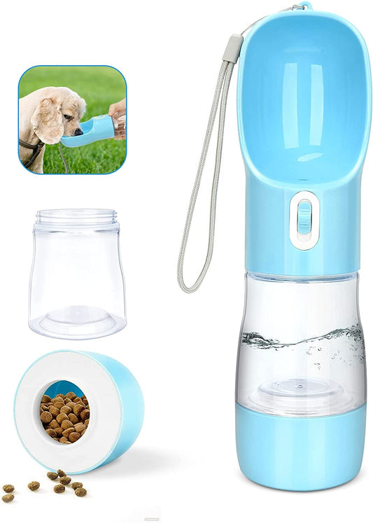 Portable Dog Water Bottle for Walking with Food Container, Great for Hiking, Easy to Carry, BPA Free (Blue)