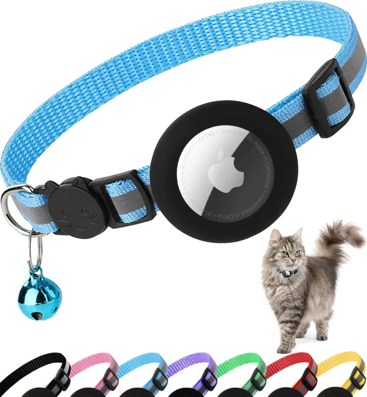 ATUBAN Airtag Cat Collar Breakaway, Reflective Kitten Collar with Apple Air Tag Holder and Bell for Cats