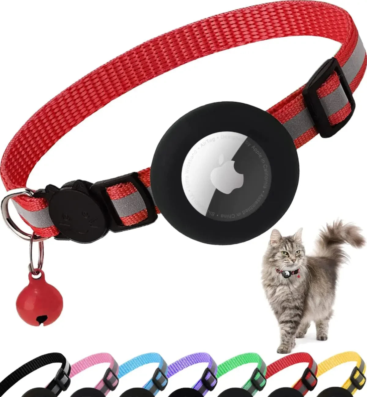 ATUBAN Airtag Cat Collar Breakaway, Reflective Kitten Collar with Apple Air Tag Holder and Bell for Cats