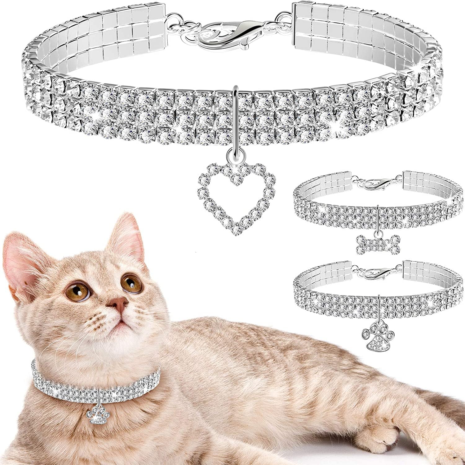 3 Pieces Pet Collars;  Bling Rhinestones. Glitter Pendant, Crystal Collars