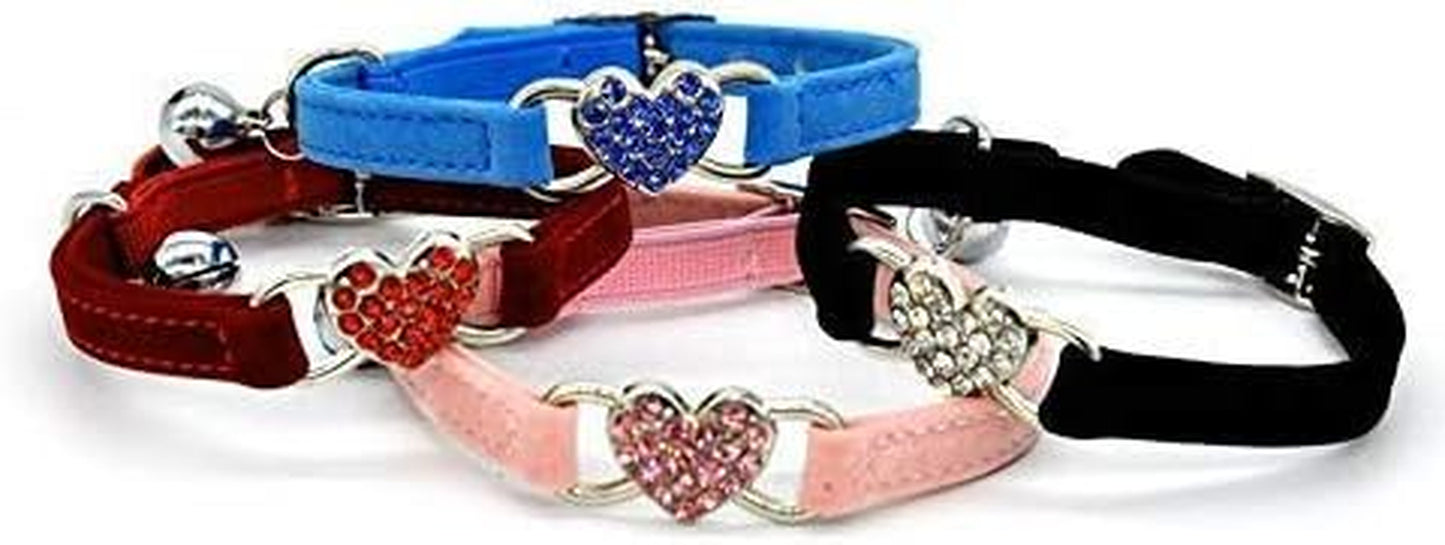 Pink Soft Velvet Safe Cat Adjustable Collar with Crystal Heart Charm and Bells