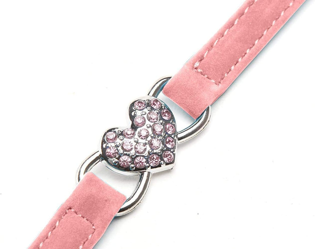 Pink Soft Velvet Safe Cat Adjustable Collar with Crystal Heart Charm and Bells