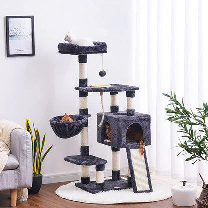 Multi-Level Cat Tower with Scratching Board and Feeding Bowl 