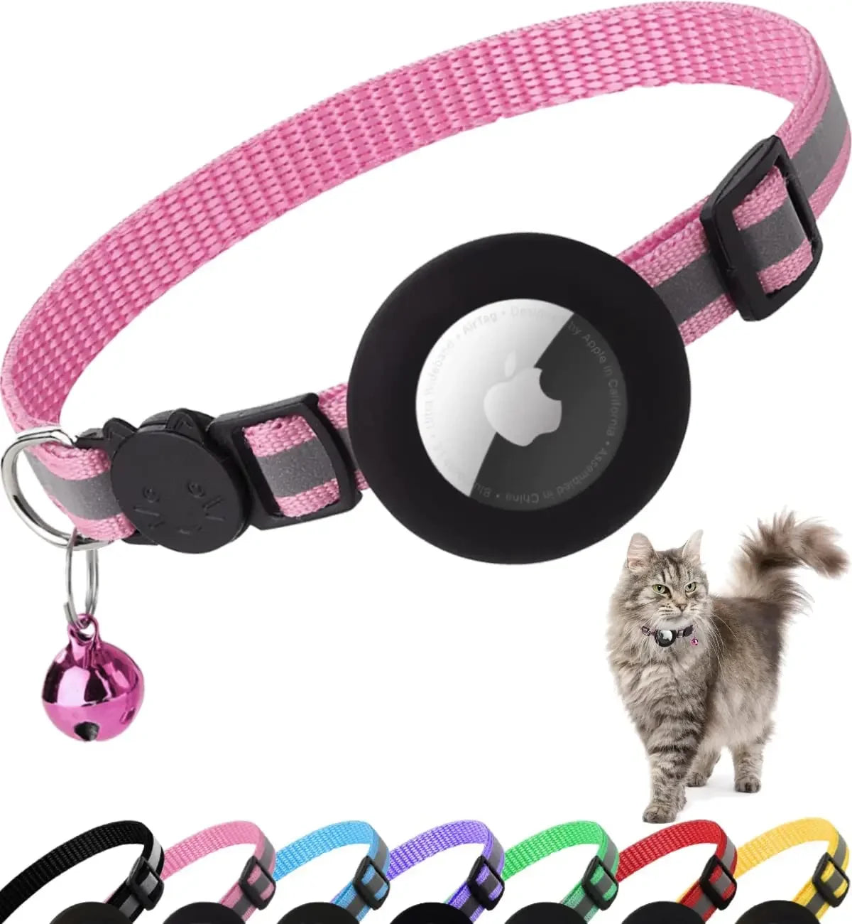 ATUBAN Airtag Cat Collar Breakaway, Reflective Kitten Collar with Apple Air Tag Holder and Bell for Cats