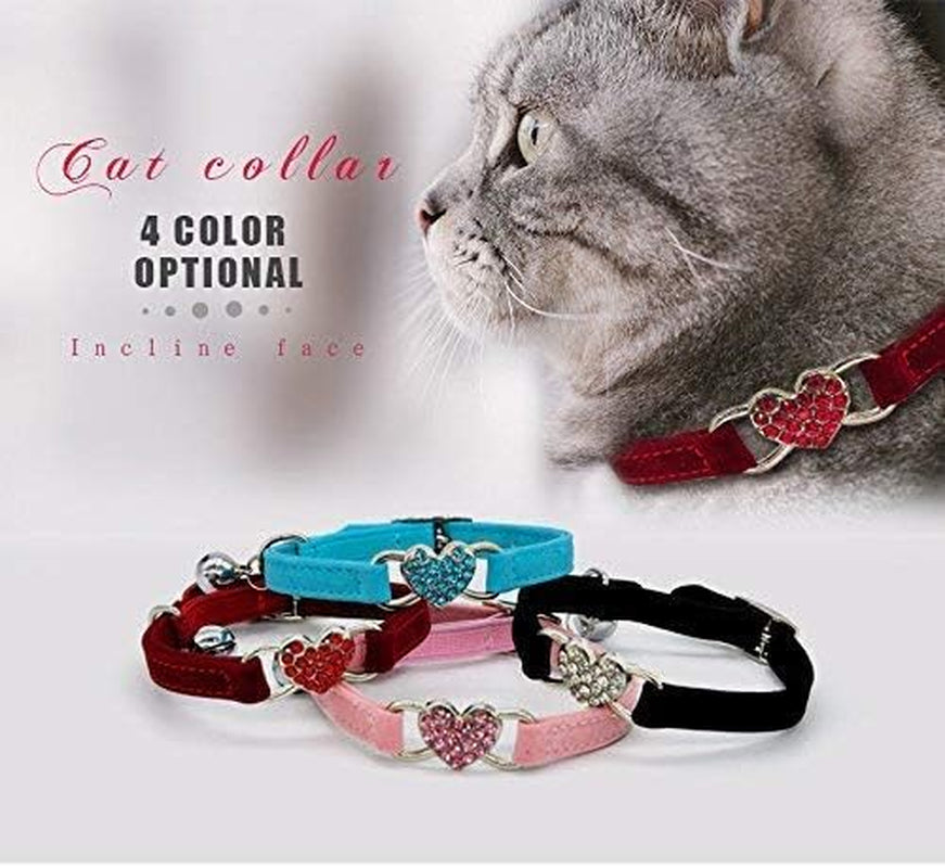 Pink Soft Velvet Safe Cat Adjustable Collar with Crystal Heart Charm and Bells