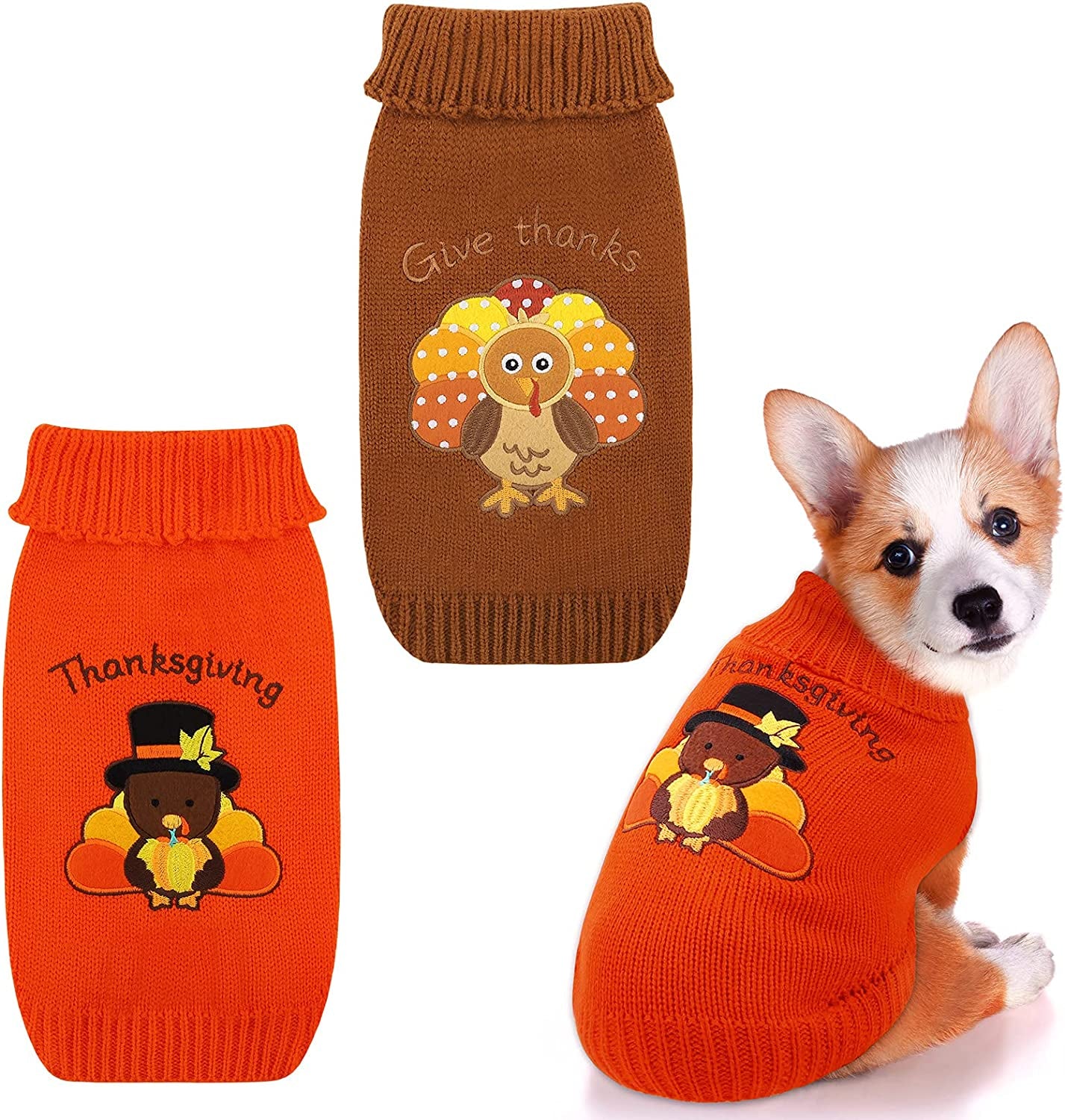 2 Pack Thanksgiving Dog Sweaters, Warm Knitwear for Thanksgiving