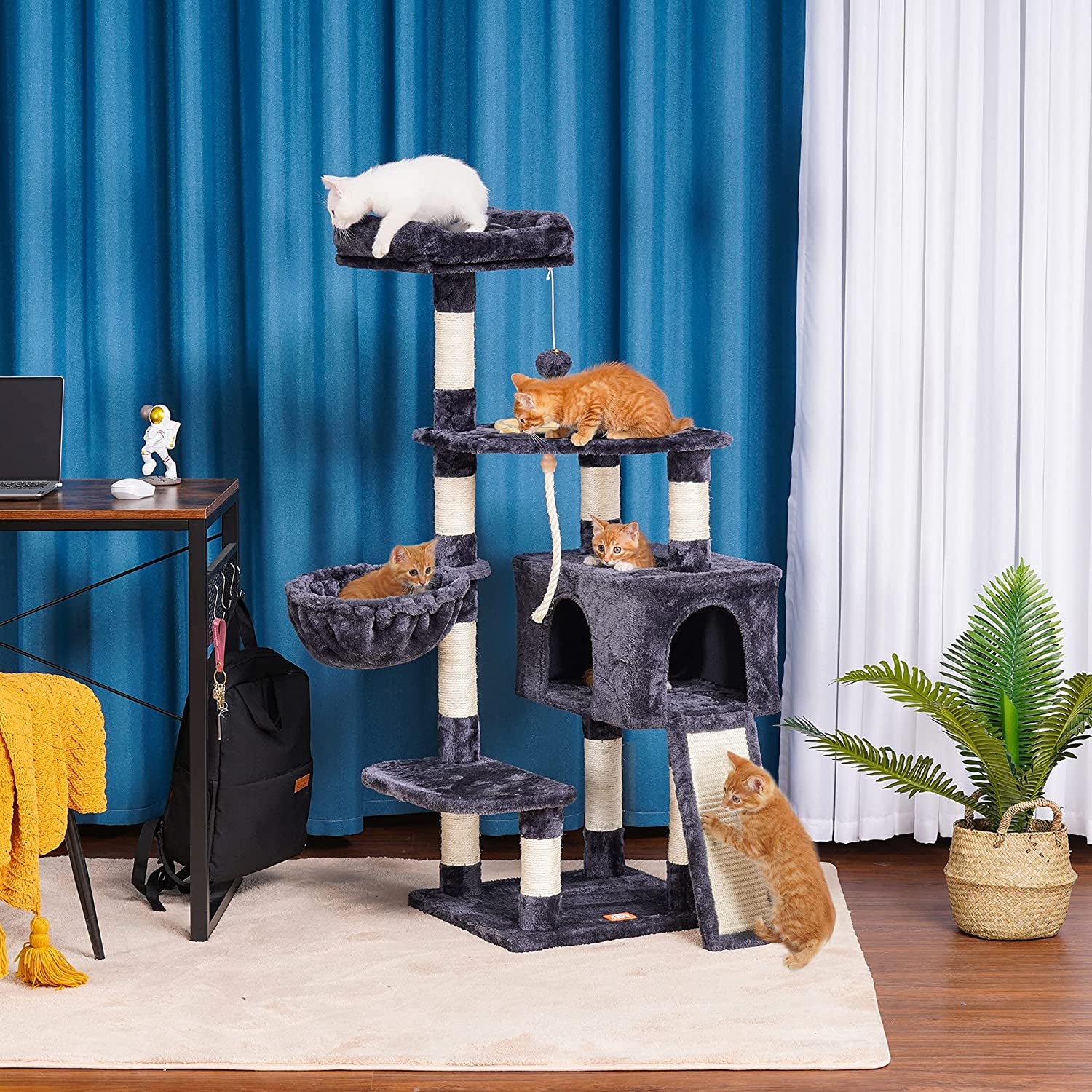 Multi-Level Cat Tower with Scratching Board and Feeding Bowl 