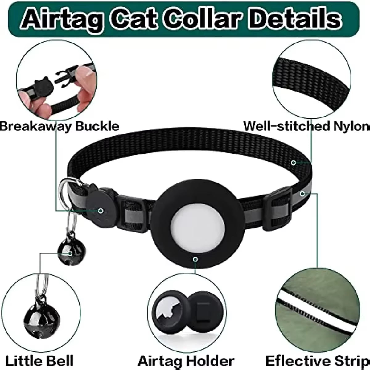 ATUBAN Airtag Cat Collar Breakaway, Reflective Kitten Collar with Apple Air Tag Holder and Bell for Cats