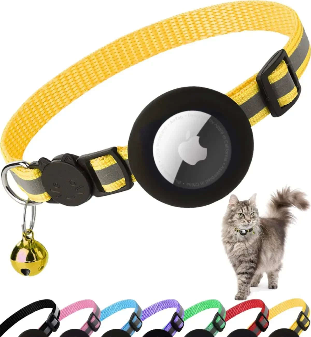 ATUBAN Airtag Cat Collar Breakaway, Reflective Kitten Collar with Apple Air Tag Holder and Bell for Cats